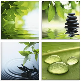 ARTland Wanddeko Glasbilder Wandbild Glas Bild 4er Set 4 teilig je Quadratisch Wellness Entspannung Zen Wasser Grün Blätter Stein Pyramide S6PI