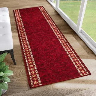 TAPISO Anti Rutsch Teppich Läufer rutschfest Brücke Meterware Oriental Rot Gelb Ornament Design Meliert Flur Küche Wohnzimmer 67 x 350 cm