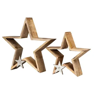 Levandeo® Weihnachtsfigur, 2er Set Sterne 25-33cm Mango Holz Natur Braun Silber Weihnachtsdeko