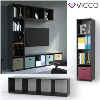 Vicco Raumteiler 4 Fächer Schwarz 144 x 36 cm - Standregal Hängeregal Regal TV Lowboard Sideboard