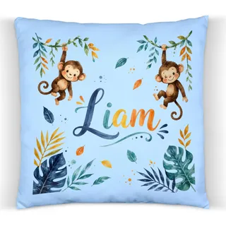 ZauberPrints Affen Kissen mit Name – Dschungel Deko fürs Kinderzimmer | Kuschelkissen mit Äffchen · 37x37 cm · Baumwolle · Kinderzimmer-Deko · Geschenk zur Geburt, Taufe & Geburtstag