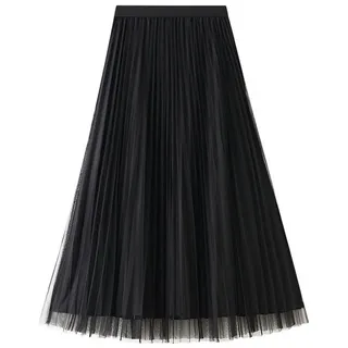 DEBAIJIA Plisseerock Damen Tüllrock Sommer Frauen Mesh Elegante Hohe Taille Midi schwarz