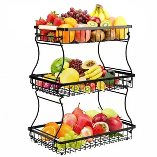 VINATO Obstkorb 3 Etagen mit Holzgriffen, Metall für Küche & Bad | Abnehmbare Körbe, Montage ohne Werkzeug, Erhöhte Füße, Belüftete Körbe, Für Obst, Gemüse und Snacks