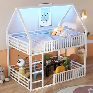 FAVSH Hochbett 140x200 cm, stabiles Metall Etagenbett mit Rausfallschutz und Lattenrost, Sicherheitsgitter, Familienbett Loftbett für Kinder, Jugendliche und Erwachsene, modernes Design, Weiß