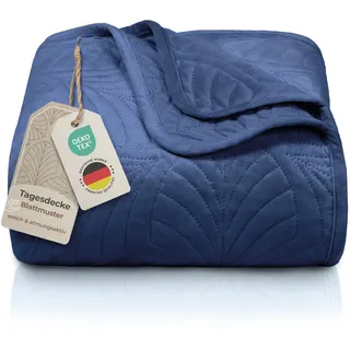 Gräfenstayn Premium Tagesdecke 170x210 cm – Bettüberwurf mit Nahtloser Steppung & Blatt-Design – Samt-Decke – weich, knitterfrei & pflegeleicht – Überwurf für Bett & Sofa (blau)