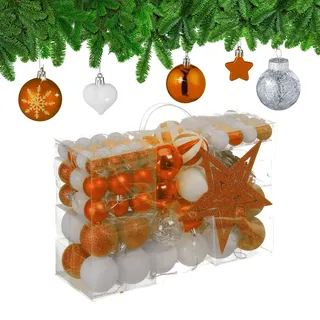Relaxdays Weihnachtskugeln 101er Set, Kunststoff, Weihnachtsbaumdeko mit Kugeln & Spitze, Christbaumschmuck, orange/weiß