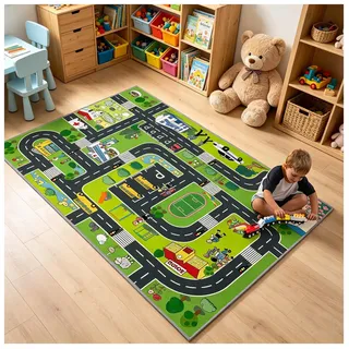CLAILEIRS Spielteppich Kinderzimmer 120×180 Teppich mit Straßen- für Jungen und Mädchen, die gerne mit Autos Spielen und Rollenspiele | waschbarer rutschfesterSpielteppich Straße