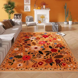ARRITS Teppich Wohnzimmer 120x180 cm Orange, Weicher Vintage Boho Blumen Teppich, Teppich rutschfest Waschbar Rechteckiger Kurzflor Teppich, Bettvorleger Teppich Schlafzimmer Kinderzimmer Home Deko