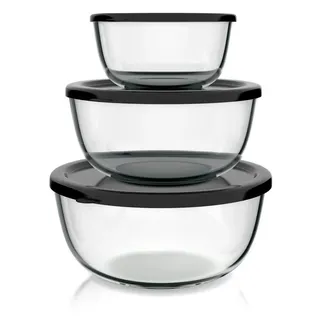 Arendo Salatschüssel 3er Set mit Deckel, Glasschüssel 1,1L / 2,7L / 4,4L, Glas Rührschüssel, Glas, (Set, 3-tlg), Glasschale, BPA-frei, Spülmaschinen- und mikrowellengeeignet schwarz|weiß
