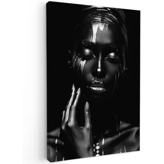 MuchoWow© Wandbilder Groß XXL Schlafzimmer Home Deko Wohnung Bild | 80x120 cm - Wohnzimmer Fotoleinwand Wand Bilder Leinwand Wall Decor Frau - Silber - Malerei - Schwarz und weiß - Porträt
