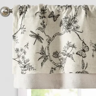 TOPICK Leinen Scheibengardinen Blickdicht Küchengardinen Frühling Landhausstil Gardinen Schmetterling Verdunkelnd Vorhänge Kurz Bistrogardine Volant Fenster 1er Pack Schwarz auf Beige 40Bx125H(cm)