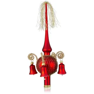 Lauschaer Glas Christbaumspitze Weihnachtsbaumspitze mit klingenden Glöckchen, mit Leonischem Draht, mundgeblasen, handdekoriert, handbemalt, in Lauscha hergestellt rot