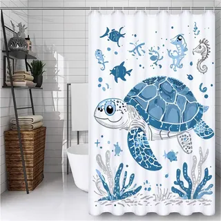 Blau Duschvorhang Extra Lang 220X200CM Duschvorhang Schildkröte Bathroom Curtains Waterproof Shower Curtains,Waschbar Duschvorhänge mit 12 Plastik Duschvorhänge Haken, Badezimmer Deko Geschenke -ly460