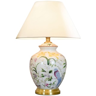 FAZRPIP Handbemalte Keramik-Tischlampen mit Blumen und Vögeln, traditionelle Nachttisch-Nachttischlampe mit Lampenschirm aus Stoff, große Keramik-Tischlampe für Schlafzimmer und Wohnzimmer
