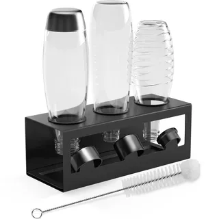 HOMMAND Flaschenhalter für SodaStream Crystal und Emil Flaschen, Edelstahl Flaschenhalter Abtropfgestell Abtropfständer für 3 Flaschen, mit Silikonschutzringe Abtropfschale und Deckelhalter Schwarz