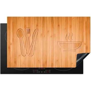 KitchenYeah© Herdabdeckplatte Einteilig Induktionsmatte Küche Abdeckung | 85x52 cm - Glaskeramikkochfeld Herd Abdeckplatte Deko Vinyl Matte Aufrollbar Holz Druck - Besteck - Suppe