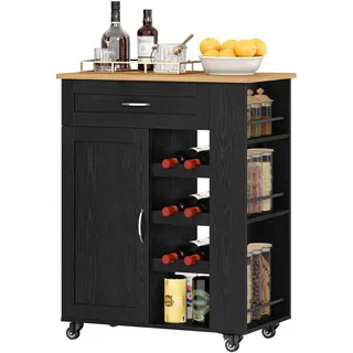 Hzuaneri Servierwagen, Küchenwagen mit Rädern, Weinregal, Kücheninsel, Kochinsel, Küchenregal stehend Möbel, Rollwagen, für Küche, Wohnzimmer und Esszimmer, 68 × 86 × 40 cm, Schwarz ST03004B