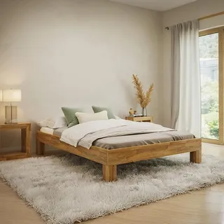 skølm Floki Massivholzbett 140x200 cm aus Eiche - hochwertiges Bettgestell - Bettrahmen ohne Bettkopf - Holzbett in Natur geölt - Bett 140x200 cm geeignet als Doppelbett - Futonbett