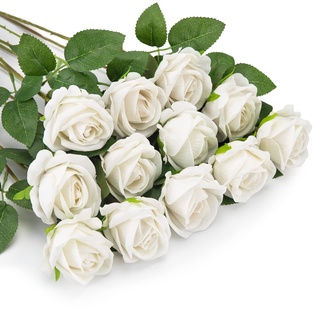 OWLKELA 12 Stück Weiß Künstliche Rosen, Künstliche Flanellblumen, Künstliche Blumen, Einzelne Langstielige Blumen, Realistische Dekorative Blumen für Hochzeit, Haus, Garten, Dekoration