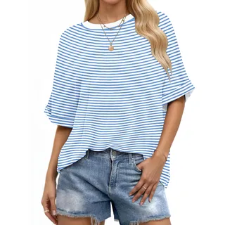 WNEEDU Oversize Shirt Damen Kurzarm Rundhals Oberteile Damen Sommer Basic T-Shirt Locker Lässige Top Oversize Bluse mit Gekrempelten Ärmeln Schwarz Kleine Blaue Streifen M - M