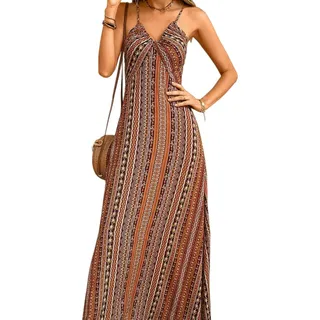 Veslyn Damen Kleid Boho Paisley Druck Maxi Spaghetti Armband V-Ausschnitt Rückenlose Hohe Schlitz Sommer Strand Party Kleid-Yellow-s