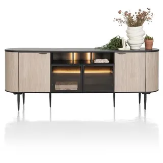 XOOON Aramon Sideboard inkl. 2 Türen + 2 Glastüren mit LED Metall/HPL - Schwarz