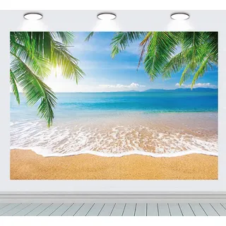 INRUI Sommerlicher tropischer Strand-Fotohintergrund 2,1 x 1,5 m | Polyester-Material mit 4 kupferfarbenen Ösen für Luau-Mottopartys und Fotodekoration mit Meeres- und Strandkulisse