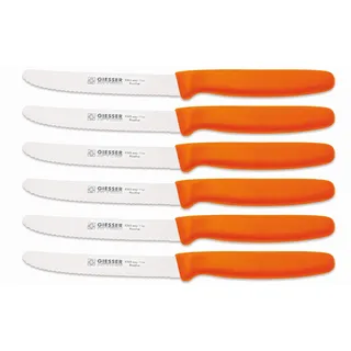 Giesser Messer - Made in Germany - 6er Set Brötchenmesser Tomatenmesser Küchenmesser Allzweckmesser Universalmesser Gemüsemesser 3mm Wellenschliff Klingenlänge 11cm Orange