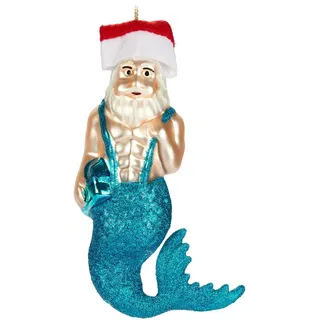 BRUBAKER Weihnachtsbaumkugel Meerjungmann - Handbemalte Weihnachtskugel aus Glas (1 St), - 14 cm Baumkugel Unterwasser Weihnachtsmann mit Sixpack blau|bunt