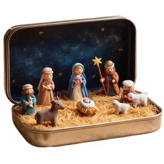 Mini-krippe Aus Metallbox, Handgefertigte 3d-harzfigur Von Jesus, Weihnachtsdekoration Für Den Innenbereich.