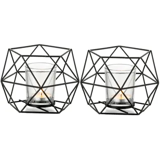 Romadedi Teelichthalter Kerzenhalter Metall Schwarz - 2er Set Geometrisches Teelichter Kerzenständer Stumpenkerze Windlicht Modern Geo Deko für Tischdeko Party Hochzeit Wohnzimmer Weihnachten