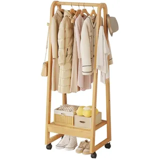 DODOBD Kleiderständer auf Rollen,Garderobenständer,Offener Kleiderschrank Holz,Kleiderstange Holz mit Ablage,Bambus,Multifunktional,Freistehender,Stabil,für Flur,Wohnzimmer Und Büro