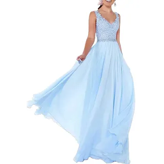 Beyonddress Damen Chiffon Abendkleider Lang Hochzeit V-Ausschnitt Brautkleid Ballkleider Brautjungfern Kleider(Blau,40) - 40