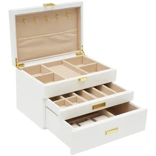 OUKANING 3 Schicht Schmuckbox Groß Schmuckschatulle, Mit Ausziehbare Schublade, Anti-Rutsch Pads, Rechteckig Schmuckkästen, Premium Hardware, Für Verschiedenen Schmuck, Geschenk (Weiß)