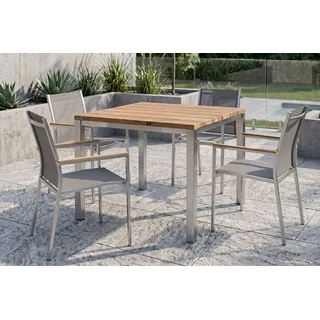 STERN Cardiff Garten-Essgruppe, silber/taupe, Edelstahl/recyceltes Teak, Tisch 90 x 90 cm, 4 Stapelsessel, FSC®-zertifiziertes Produkt
