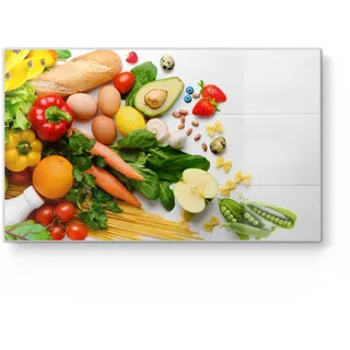 DEQORI Frühstücksbrett Glas | klein 23x14 cm | Motiv Lebensmittel Arrangement | Design Schneidebrett für Küche | Frühstücksbrettchen antibakteriell & rutschfest | Glasplatte & Servierplatte
