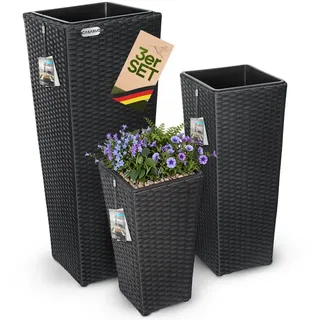 DEUBA Casaria Polyrattan Blumentopf 3er-Set 30 x 30 x 80 cm + 24,5 x 24,5 x 61 cm + 21 x 21 x 41 cm schwarz