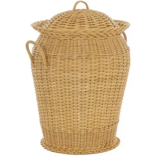 Krines Home Wäschetonne Wäschekorb Wäschetonne Wäschesammler Ø 50 cm aus echtem Rattan, rund mit Deckel und Inlett gelb