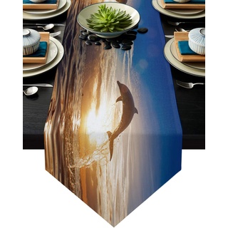 FAMILYDECOR Tischläufer aus Leinen, 33 x 178 cm, Delfine springen auf dem Meer bei Sonnenuntergang auf dem Bauernhof, Tischläufer für Urlaubspartys, Esszimmer, Küche, Hochzeitsdekorationen