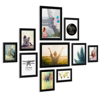 PHOTOLINI Bilderrahmen 10er Set breite Rahmen 10x15 bis 21x30 cm, extra Zubehör, für 10 Bilder (10 Rahmen), im modernen Stil für Ihre stilvolle Wanddekoration schwarz