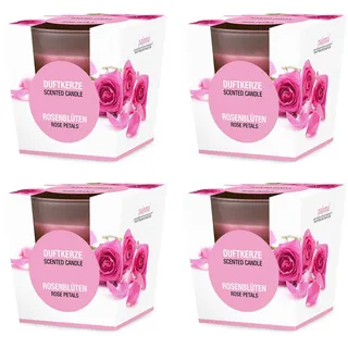 pajoma® Duftkerze 4er Set, Rosenblüten - im satinierten Glas | 4x 120g Wachsgewicht, Brenndauer: 25 Stunden, in edler Geschenkverpackung | Premium Qualität