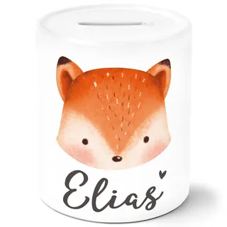 SpecialMe® Kinder Spardose mit Namen Bär Fuchs Einhorn Tiermotive personaliserte Geschenke Sparschwein Keramik Fuchs weiß Spardose