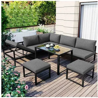 BlingBin Gartenlounge-Set Garten Loungesessel Set, Aluminium Sitzgruppe für Gartenbalkon, (1 Doppelsofa, 1 Dreiersofa, 1 Tisch, 2 Einzelsessel, mit Liegefunktion, 4-fach Verstellbarer Rückenlehne, 5-tlg., Tragendes Gewicht: 150kg/Einzelplatz, 60kg/Tisch), Inkl. weicher Sitz- und Rückenpolster, für 7 Personen, Grau grau