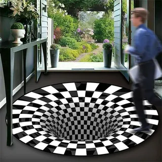 Salutebaba 3D Illusion Teppich Runde Schwarz Weiß Bereich Teppich 3D bodenloses Loch Optische Täuschung Teppiche Bodenmatte für Wohnzimmer Küche Büro