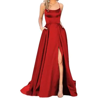 W&TT Damen Spaghetti Satin Lange Ballkleider Rückenfreies Abend Brautjungfer Pageant Kleid mit
