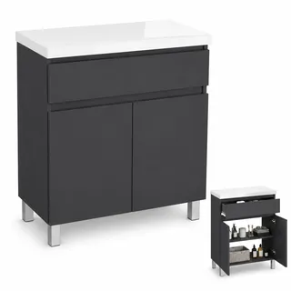Waschbeckenunterschrank 60 cm mit Platte, Schublade und 2 Türen, Anthrazit | Stehend oder Hängend, Soft-Close, Vollauszug, 2 Türen, verstellbare Ablage, 36-mm-Platte, für Aufsatzwaschbecken geeignet