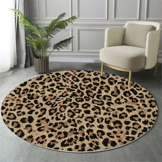 GDJSMIN Waschbarer Teppich Rund 100Cm Leopardenmuster Teppiche Schlafzimmer - Waschbarer Kurzflor-Runder Teppich Mit Rutschfester Unterseite Für Esszimmer & Sund Kinderzimmer Braun