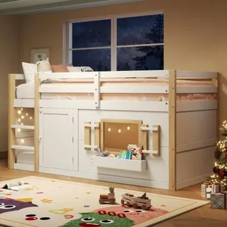 Weiss Kinderbett 90x200cm Etagenbett Hochbett Multifunktional Unterbaubar Spielflaeche Ohne Matratze Funktionsbett Jugendbett Einzelbett Gaestebett - Weiß