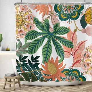 Duschvorhang Boho Blumen 180x240 cm, ASDCXZ Abstrakt Grün Tropischer Pflanzen Rosa Blumen Waschbar Bad Duschvorhänge Polyester Textil Wasserdicht Duschvorhang für Badewanne mit 12 Duschvorhang Hake