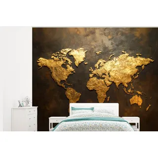 MuchoWow Fototapete Weltkarte - Gold - Rost, Matt, bedruckt, Montagefertig Vinyl Tapete, Wandtapete, 325x260 cm 3.25 m x 3 m